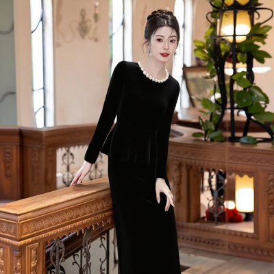 2025秋冬季新款法式高端气质年会演出重工礼服裙D4514