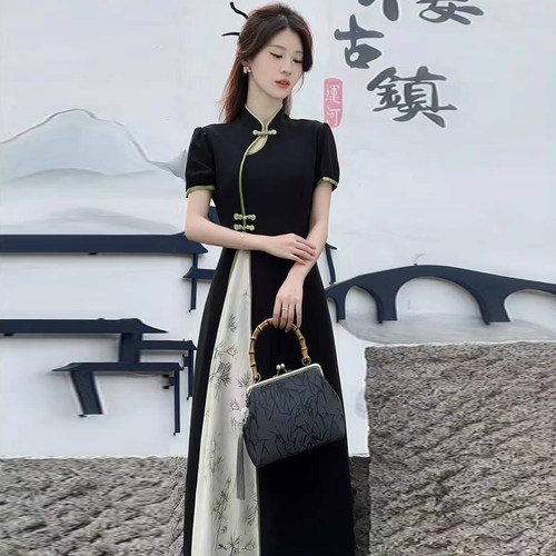 黑色高级时尚短袖长裙2026夏季新款设计感中式气质国风连衣裙1126