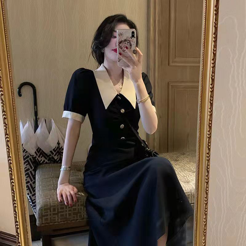 夏季纯色赫本风连衣裙气质束腰拼接黑色显瘦设计感法式裙子8061