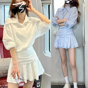 白色假两件长袖衬衫连衣裙春季2026新款小个子气质修身短裙D0398