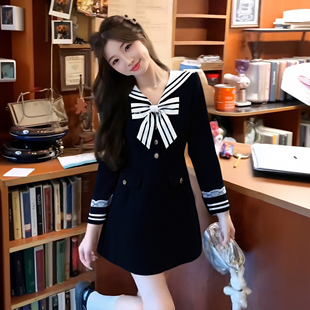 送领结纯欲甜辣妹学院风裙子2025秋季新款海军领长袖连衣裙D3407