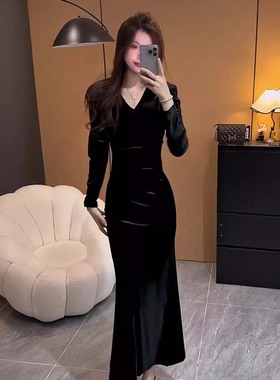 法式赫本风名媛气质丝绒连衣裙2025春秋新款收腰显瘦长裙D4152