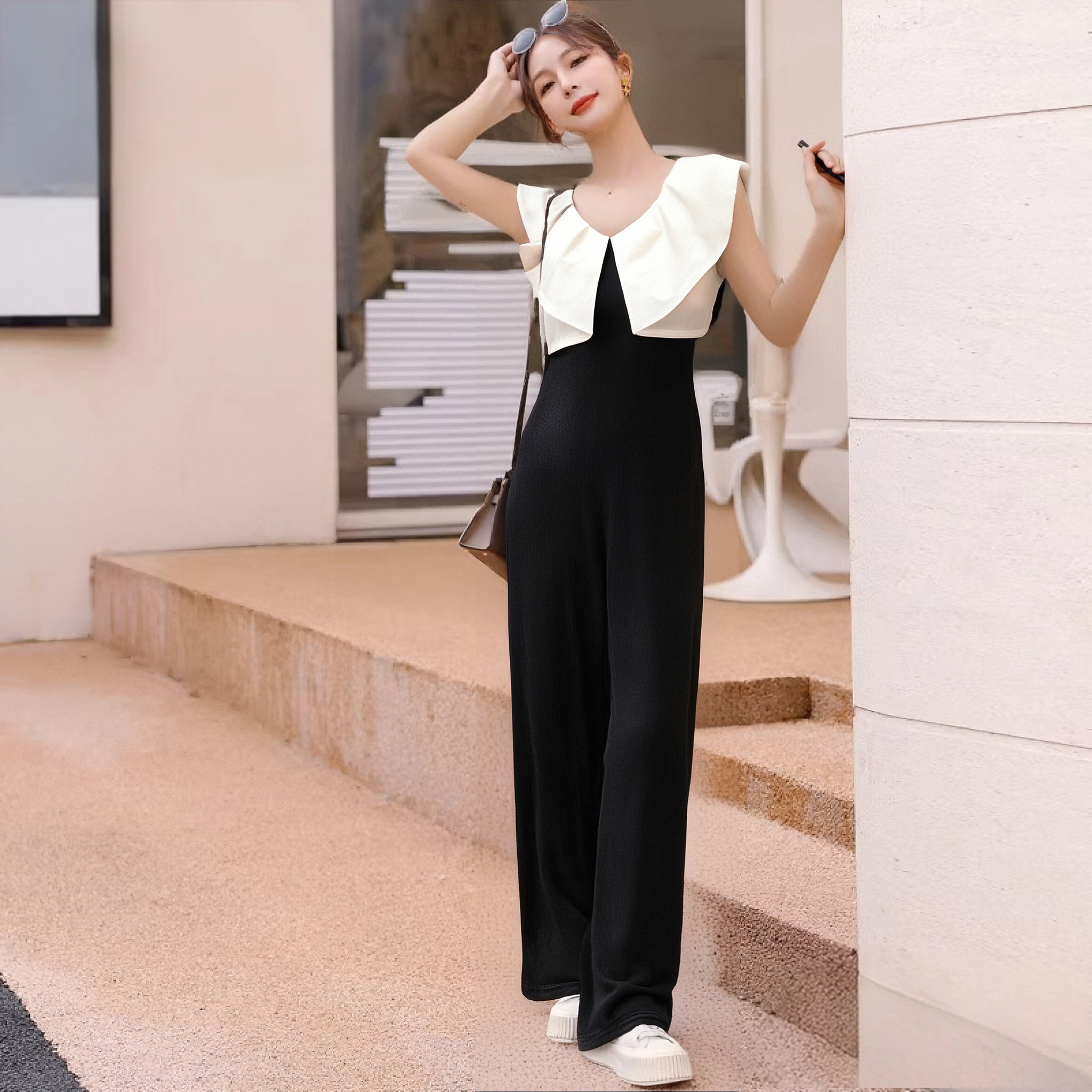 黑色撞色高腰显瘦阔腿连体裤气质轻奢百搭阔腿裤夏季连衣裤D2098B