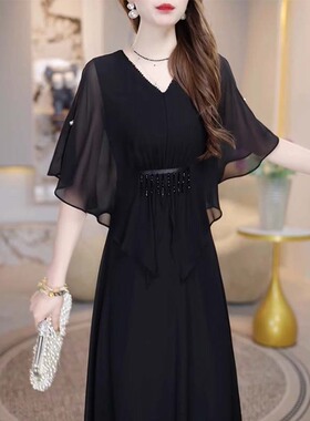 【有里布】2026夏季新款短袖连衣裙女神范薄款收腰礼服裙D2920
