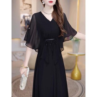【有里布】2026夏季新款短袖连衣裙女神范薄款收腰礼服裙D2920