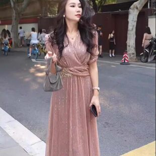 有里布2026夏季新款女法式修身显瘦气质优雅长款小众连衣裙D6532