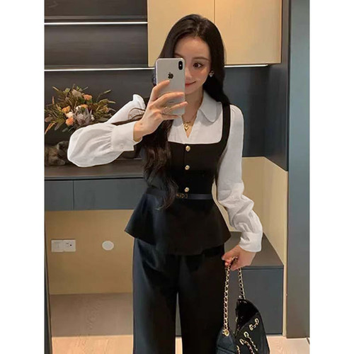 撞色拼接时尚休闲假两件2025秋季新款收腰显瘦连体裤D3795