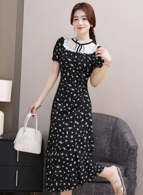 有内衬法式茶歇拼接黑色碎花连衣裙收腰a字小黑裙少女短裙D1326B