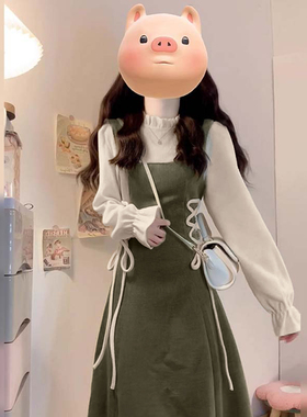 假两件绿色连衣裙女2025秋冬季新款今年流行爆款高级感长裙D4219