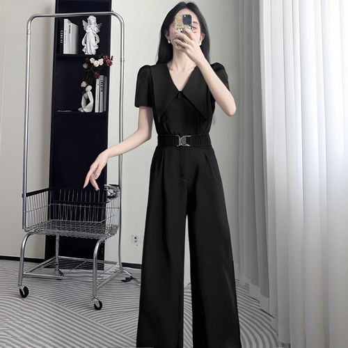 气质通勤高级感短袖连体裤女2026春季新款收腰阔腿连体衣女D1905