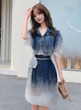 2025夏设计款渐变时尚上衣短裙两件套显瘦收腰衬衣裙子套装D1985A