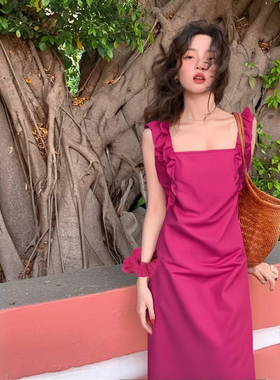 火龙果色无袖背带连衣裙2025夏季新款法式方领显瘦A字裙1455A