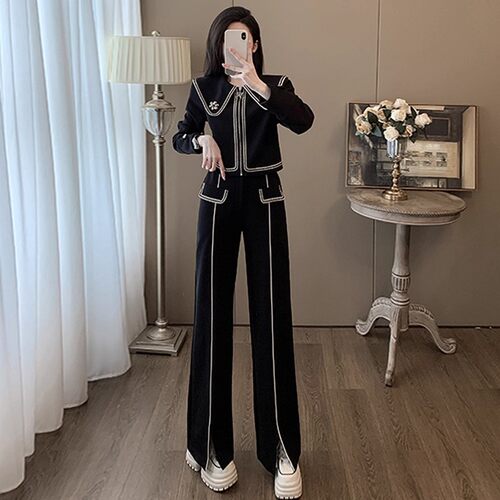 两件套【送胸针】休闲运动套装女秋装新款卫衣阔腿裤两件套D3330