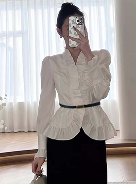 送腰带【两件套】法式宫廷木耳边衬衫春秋新款收腰显瘦半裙D4700