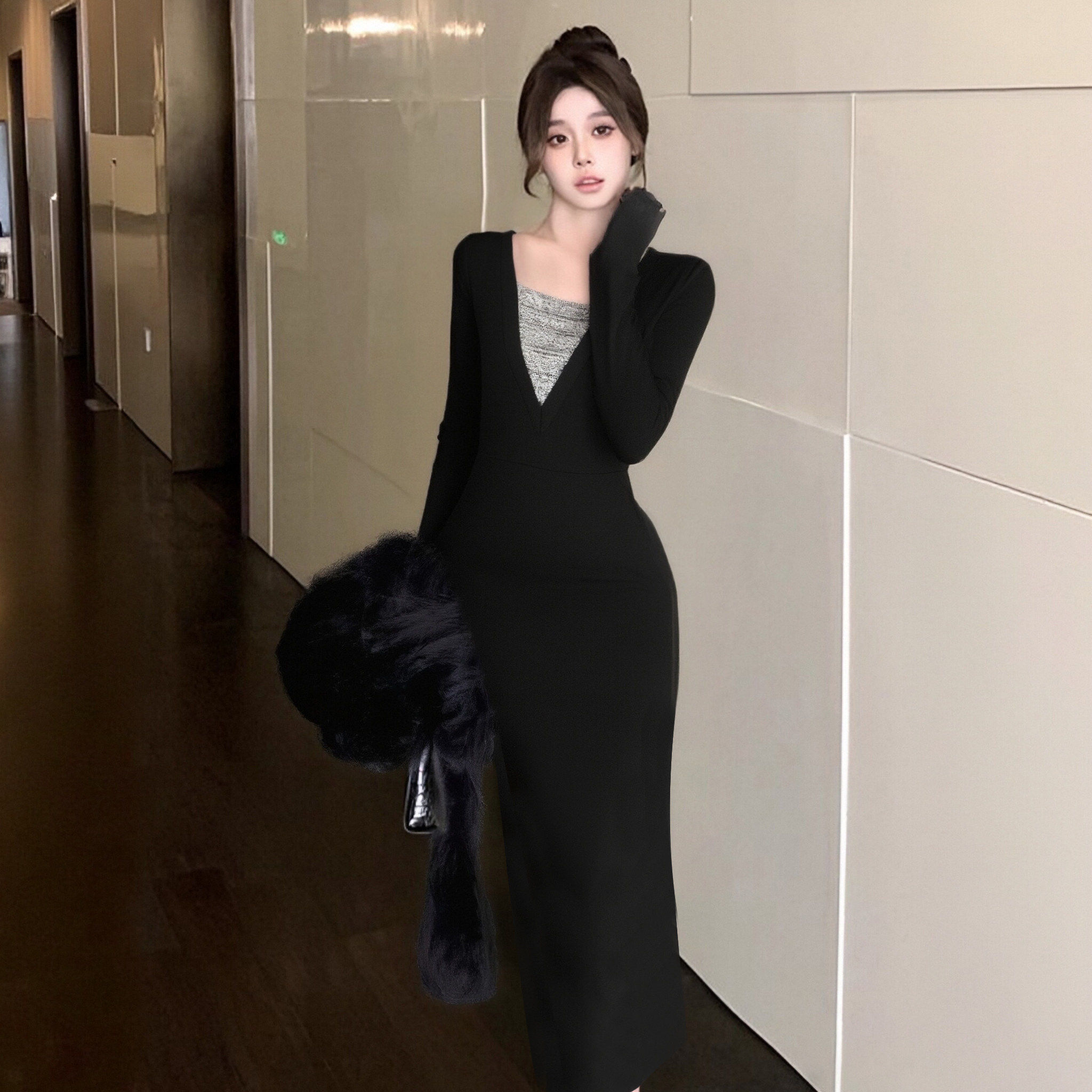 设计感深V拼接长袖裙子2026春季新款抽褶包臀鱼尾连衣裙DM0252A,女装/女士精品,连衣裙,淘宝优惠券,粉丝福利购,淘宝优惠卷