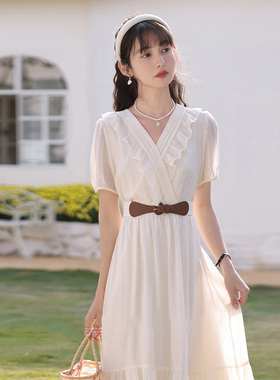 送腰带 有内衬法式复古夏季v领连衣裙女2026新款短袖中长裙子6805