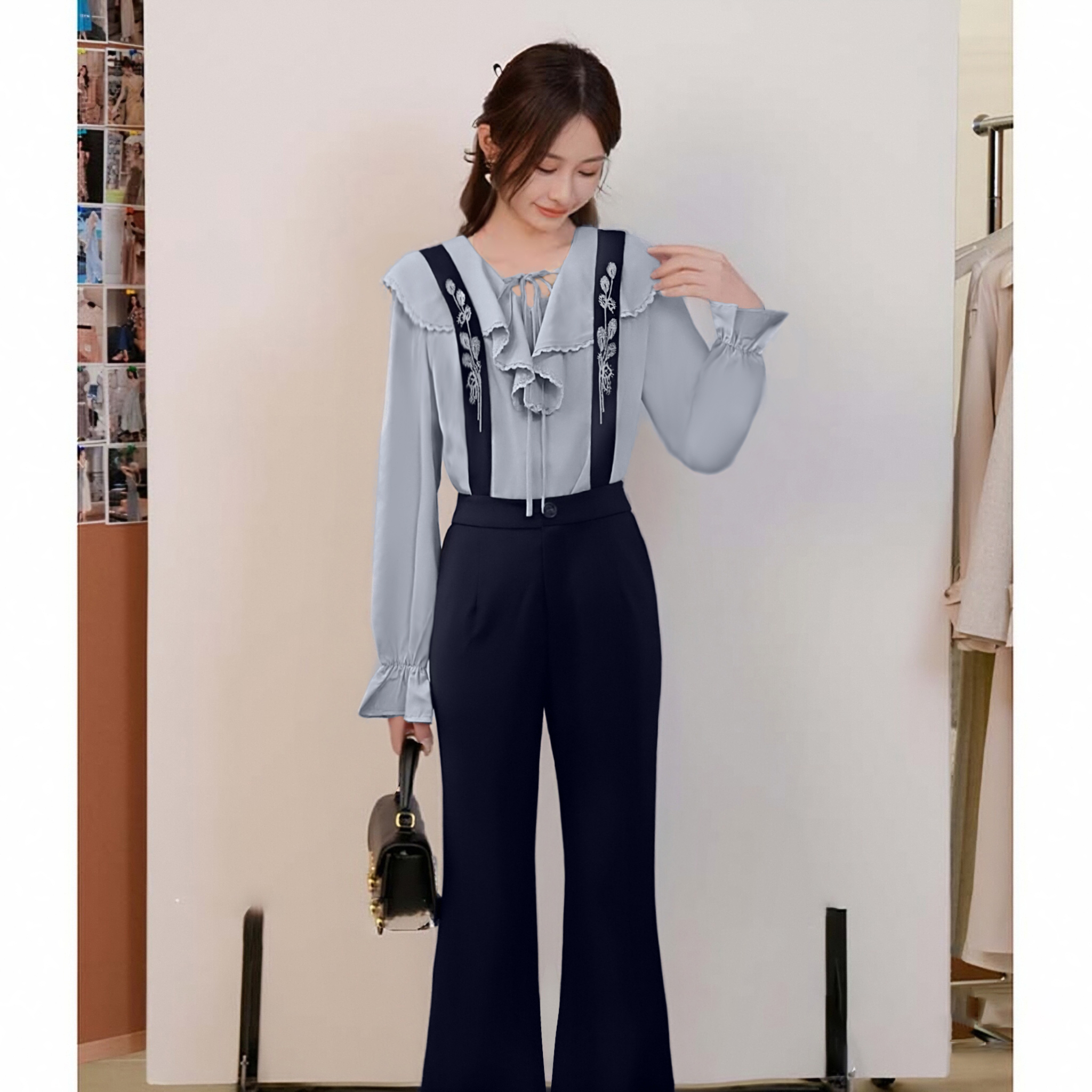小个子气质休闲套装2025秋季新款女高级感衬衫背带裤两件套D3759