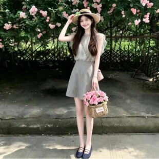 2026夏季女子新款甜美度假风拼接荷叶边飞飞袖高腰连衣裙D8842