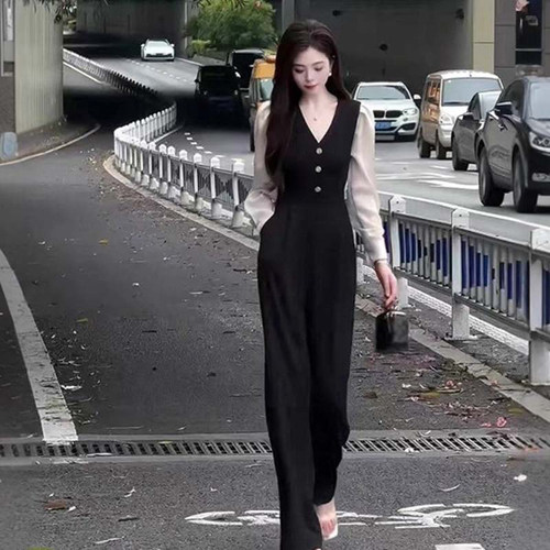 2025秋季新款垂感黑色连体裤修身显瘦高腰连衣裤女JT0012