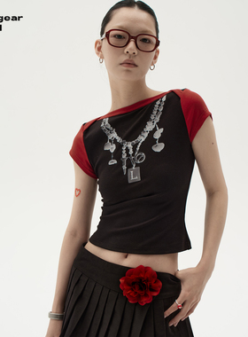 LINY LIBERTY 24SS 复古玛瑙项链印花T恤女修身短款显瘦上衣