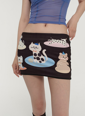 LINY LIBERTY 24SS 设计感夏季可爱猫咪印花半身低腰包臀半身裙