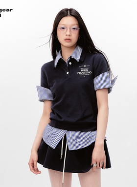 LINY LIBERTY 24SS 复古学院风字母印花藏青色卫衣松紧腰短裙套装