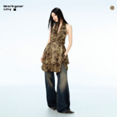 LINY 挂脖双层大摆收腰连衣裙 复古满印花纹无袖 LIBERTY 24SS