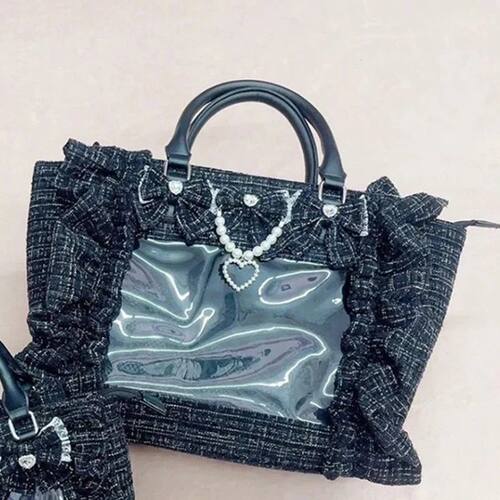 Y2K  Ita Bag, Ruffle Trim Clear Tote, Harajuku Cute Handbag
