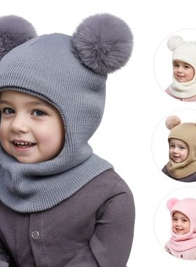 Pompom Baby Winter Hat Scarf One-piece Kids Knitted Beanie W
