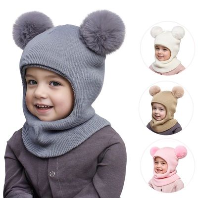 Pompom Baby Winter Hat Scarf One-piece Kids Knitted Beanie W