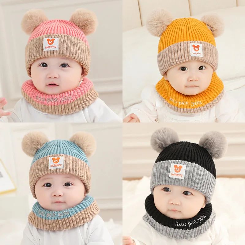 1Set Baby Hat Scarf Set Bear Warm Knitted Children Winter Ha