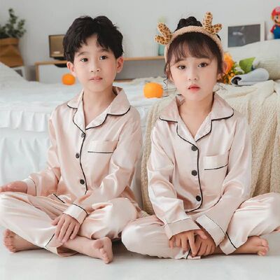 Button Spring Summer Sleepwear Child Satin Pajamas Sets Kids
