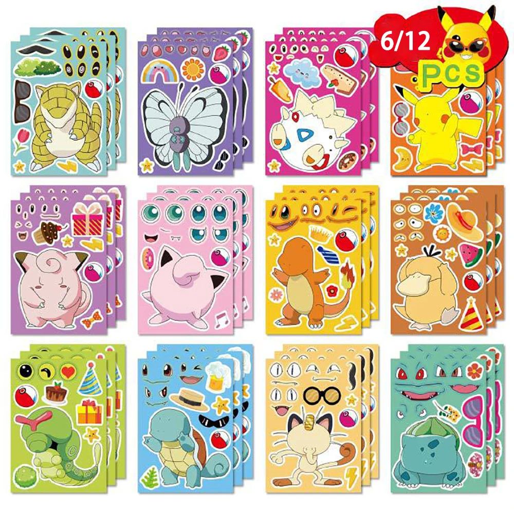 6/12Sheets Pokemon Children Puzzle Anime Stickers Make-a-Fac