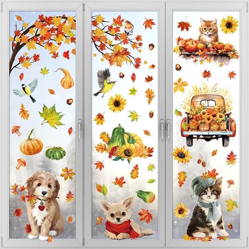 9Sheets Autumn Thanksgiving Cat Dog Gnomes Window Clings Dec