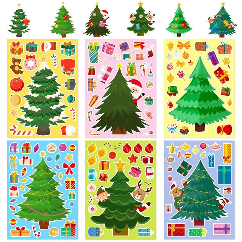 6 Sheets/Set Christmas Tree Stickers Kids Handmade DIY Puzzl