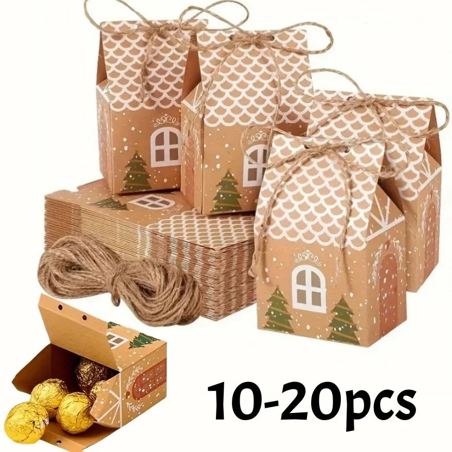 20/10pc Christmas Candy Box House-shaped Kraft Paper Gift Ba