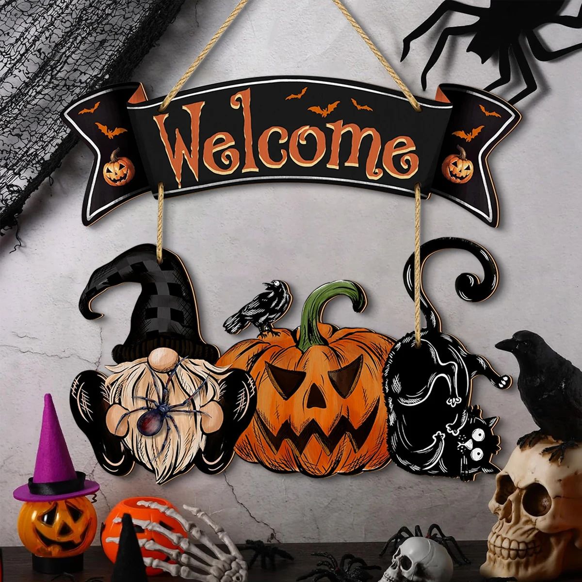 Halloween Welcome Sign Decor with Gnome, Pumpkin, Black Cat