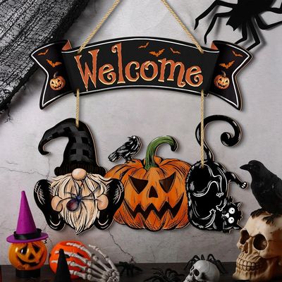 Halloween Welcome Sign Decor with Gnome, Pumpkin, Black Cat