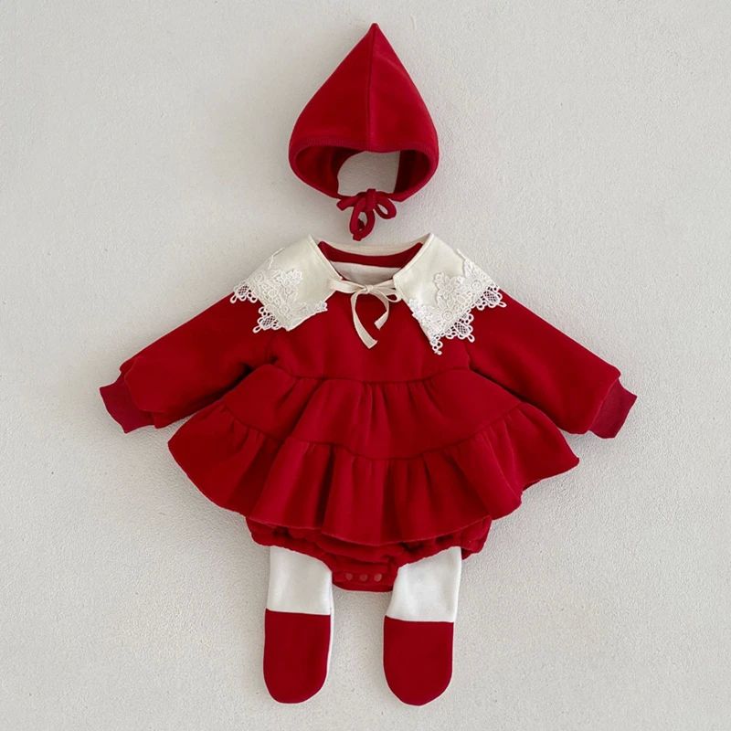 Christmas Red Newborn Baby Girl Bodysuits Dress Autumn Winte