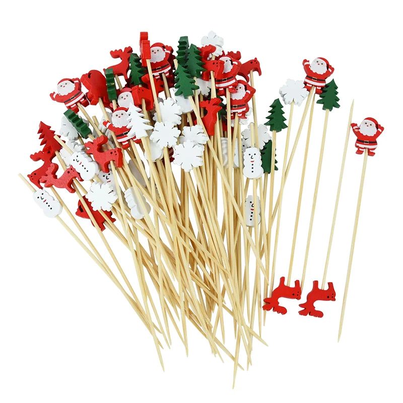 50Pcs Christmas Bamboo Food Picks Toothpicks Santa Dessert B