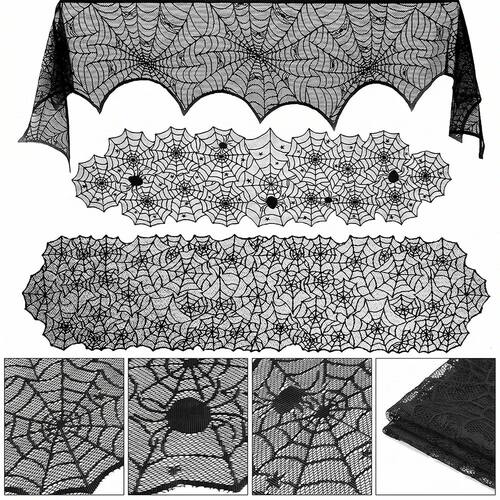 Halloween Black Lace Spiderweb Table Runner Fireplace Mantle