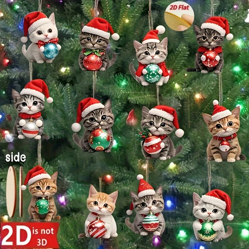 12pcs Christmas Cat Tree Decorations - 2D Plane Wooden Festi