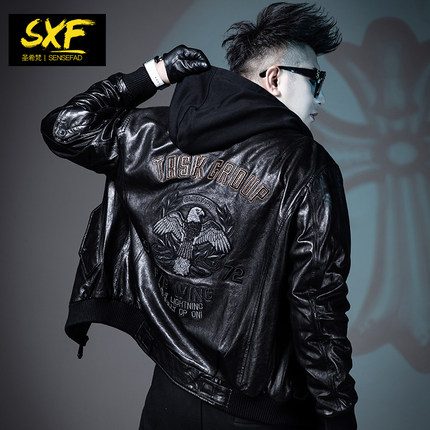 SXF圣希梵2022新款真皮皮衣男 连帽刺绣海宁夹棉皮夹克冬季外套潮