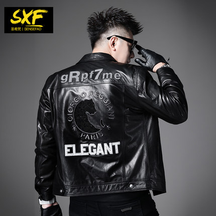 SXF圣希梵真皮皮衣男 新款刺绣翻领机车夹棉修身男士皮夹克外套潮