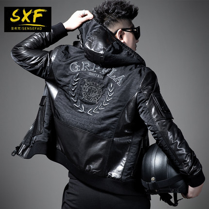 SXF圣希梵皮衣男 连帽拼接真皮夹棉加厚外套机车男士山羊皮夹克潮