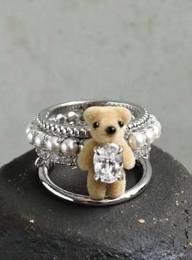 高品质植绒小熊戒指耳钉项链