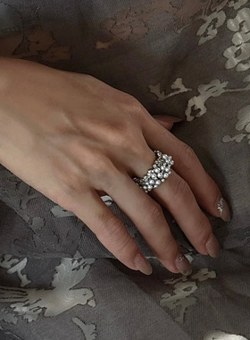 法式轻奢优雅珍珠满天星戒指铜镀真金可调节开口戒高级感手饰品