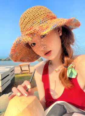 CDLM陈大刘芒 夏日彩虹明星同款沙滩帽大帽檐显脸小遮阳编织草帽
