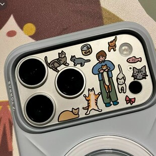韩系小猫卡通插画iphone17promax镜头膜diy装饰贴纸新款ins适用苹果17Pro超薄隐形透明底座膜磨砂防刮镜头膜