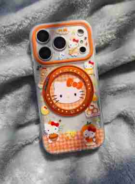 IMD卡通可爱橙色格纹猫咪360支点手机壳适用iPhone17promax个性防摔苹果16磨砂15pro趣味创意折叠旋转支架